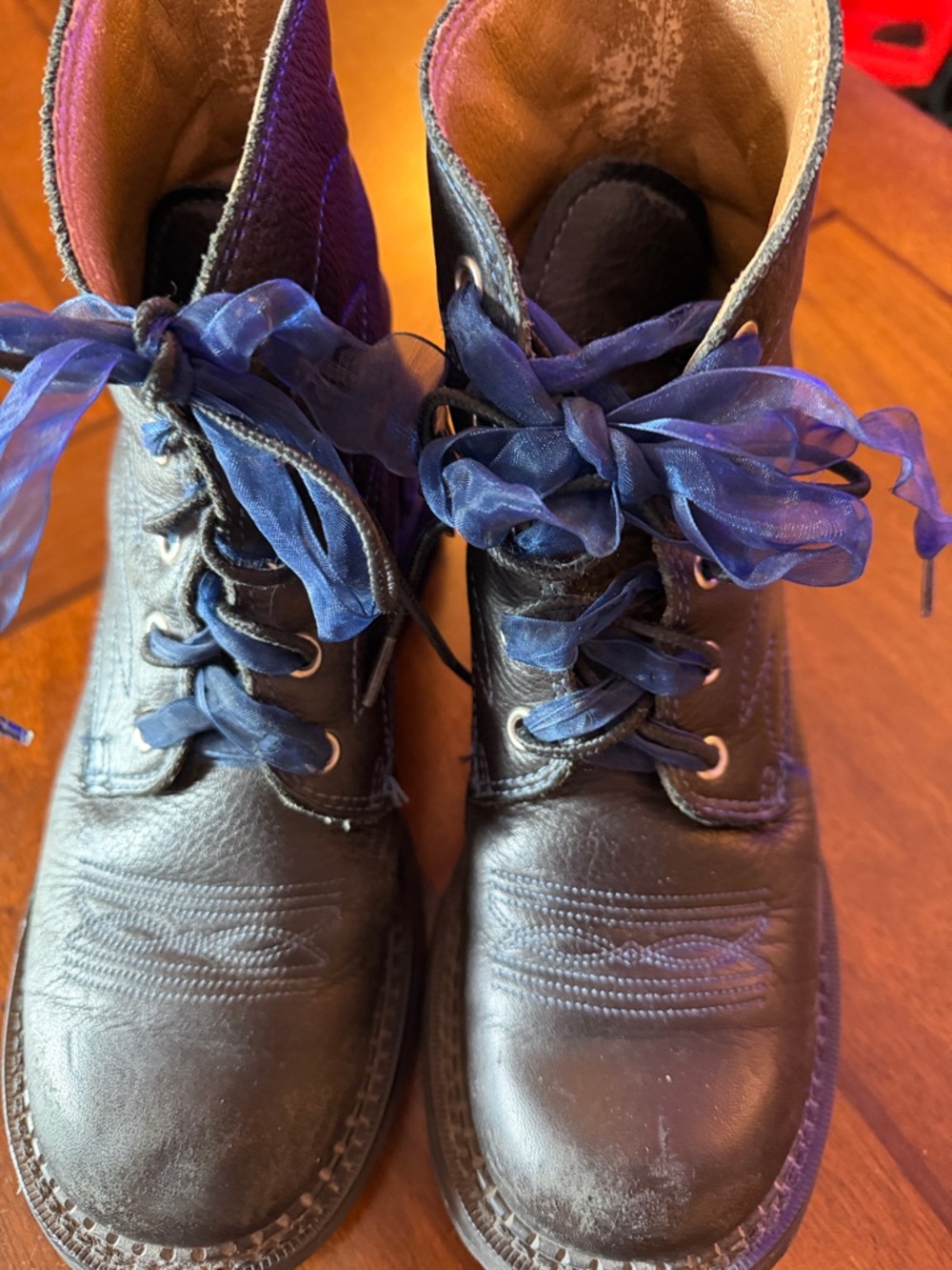 Black Leather Boots with Blue Ribbon Laces - Picture 5 of 6